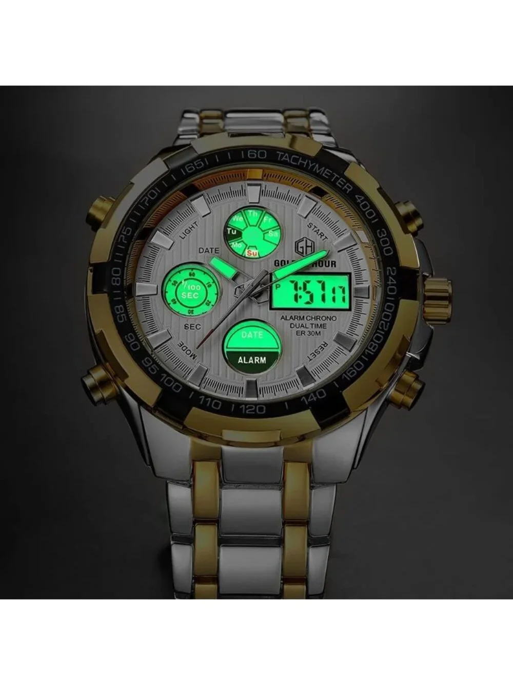 Men's Silver Gold Stainless Steel Analog Digital Outdoor Waterproof Luxury Watch